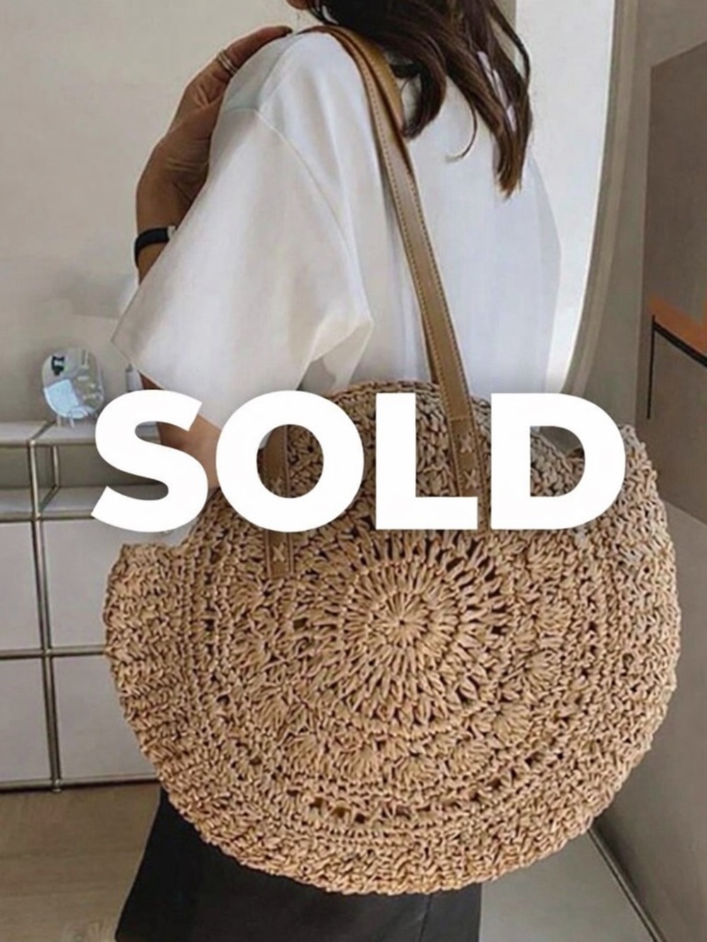 Round Woven Straw Tote Bag in Natural Tan